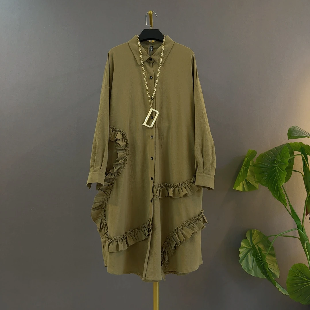 胖mm秋季新款设计感木耳边衬衫显瘦高级感大码时尚连衣裙