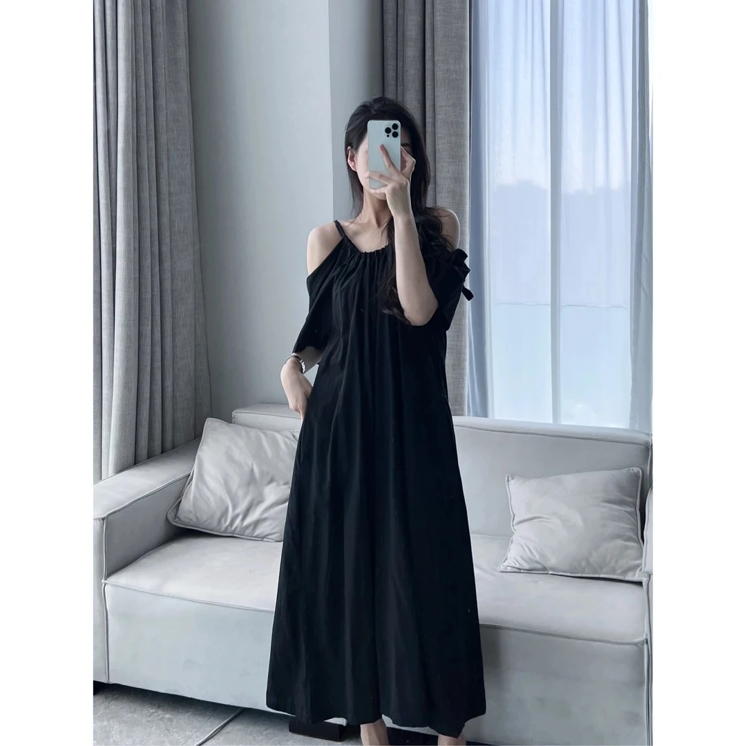 【清仓活动款】【慵懒午后】法式露肩中袖茶歇裙挂脖宽松连衣裙