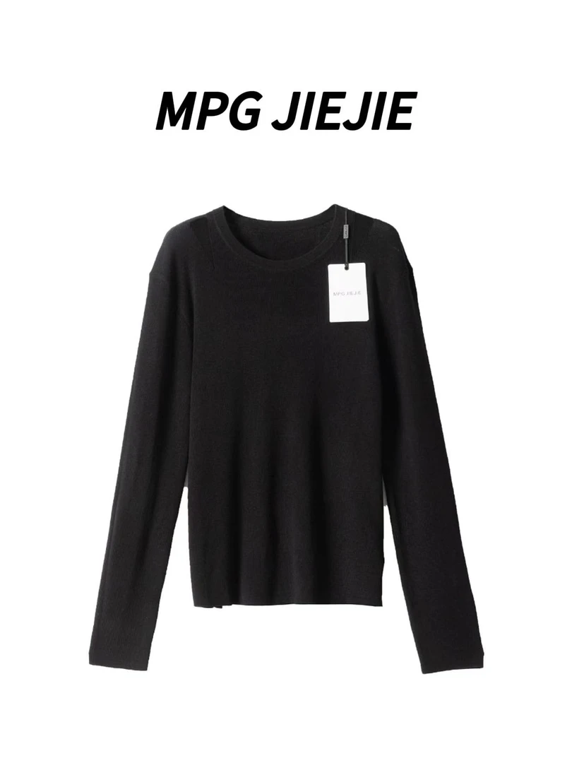 MPG JIEJIE【梦境】25春秋黑色长袖针织时尚休闲纯色套头大码打底衫