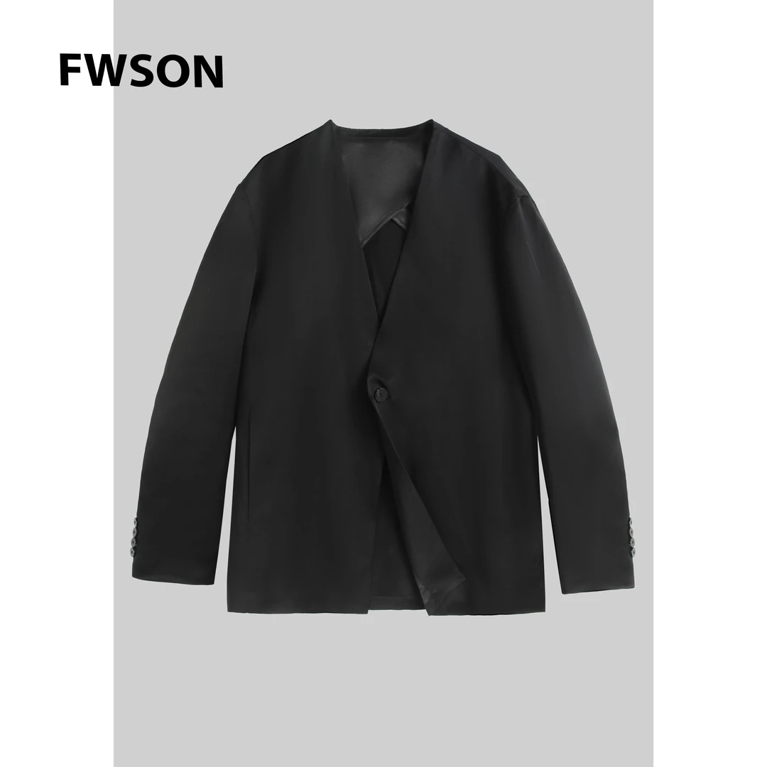 2025春季新款醋酸亚麻面料斜纹肌理丝滑垂感简约男士无领西装外套