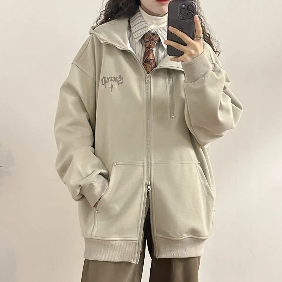 春秋潮牌重磅连帽运动开衫外套男女情侣美式宽松夹克上衣-LJ8135