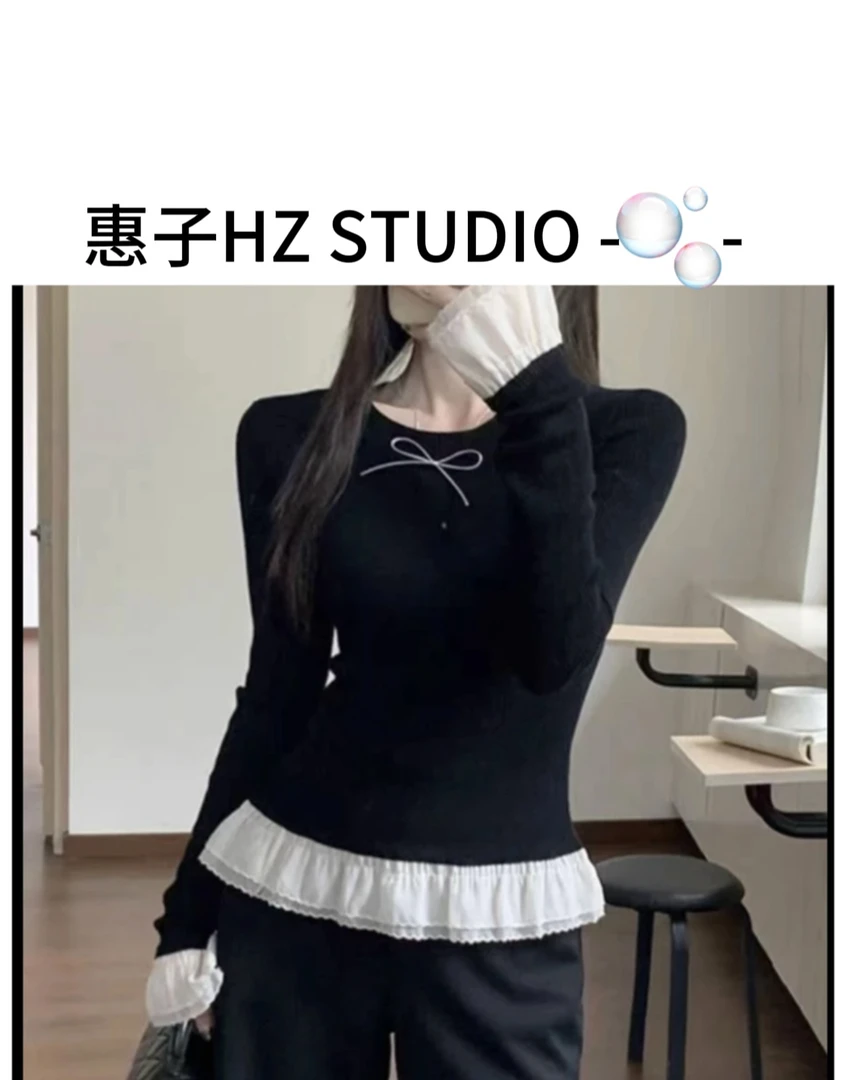 惠子家春季新款高弹力修身蝴蝶结坑条花边打底衫896