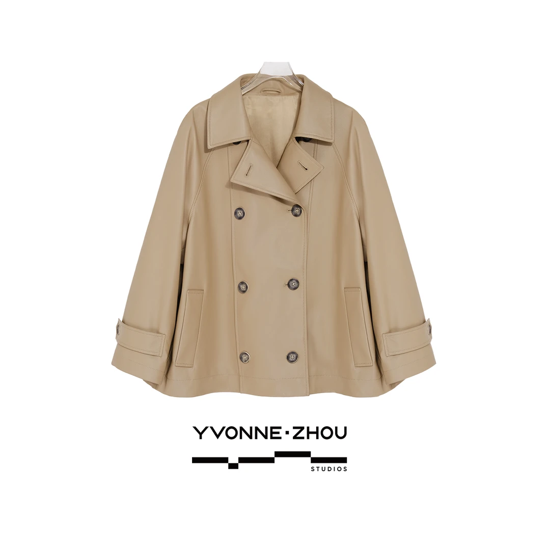 简章 进口真皮双排扣风衣外套简约大气廓形皮夹克短款显瘦 4036