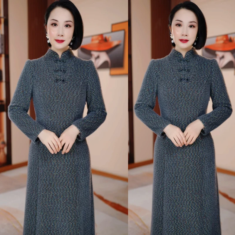 小格纹冬季加厚修身显瘦遮肉连衣裙H5B506气质高雅2025新款复古