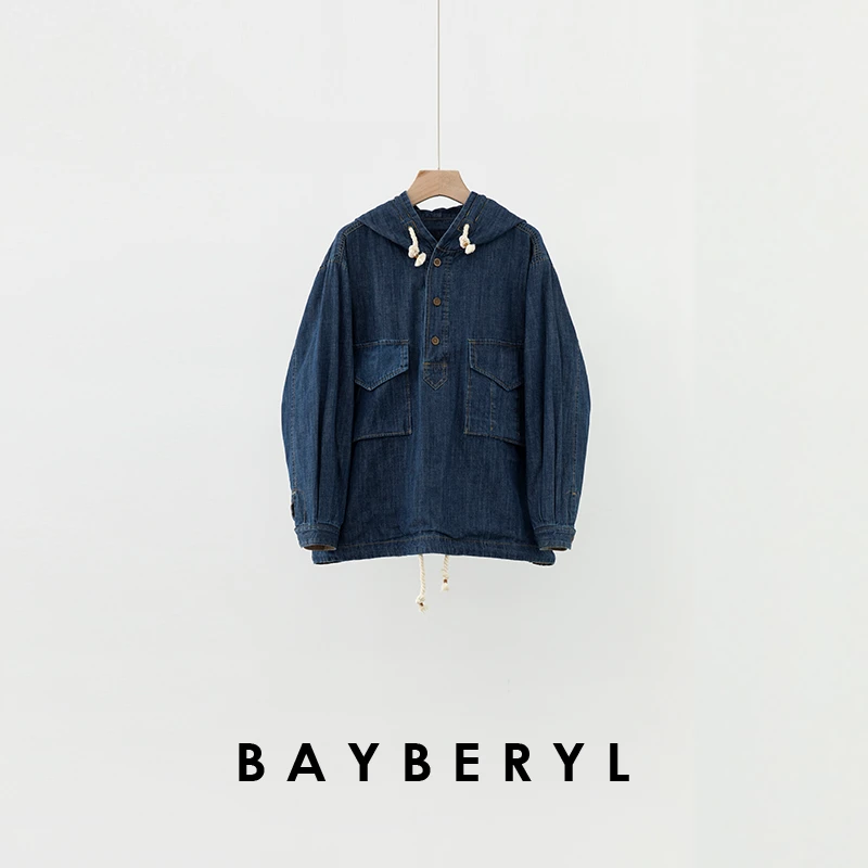 BAYBERYL老贝深蓝连帽半门襟廓形宽松百搭春牛仔外套MF5C0726-3/8