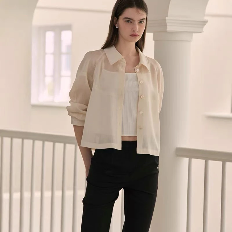 韩国o春夏n款薄款微透娃娃款洋气休闲装衬衫C0KK