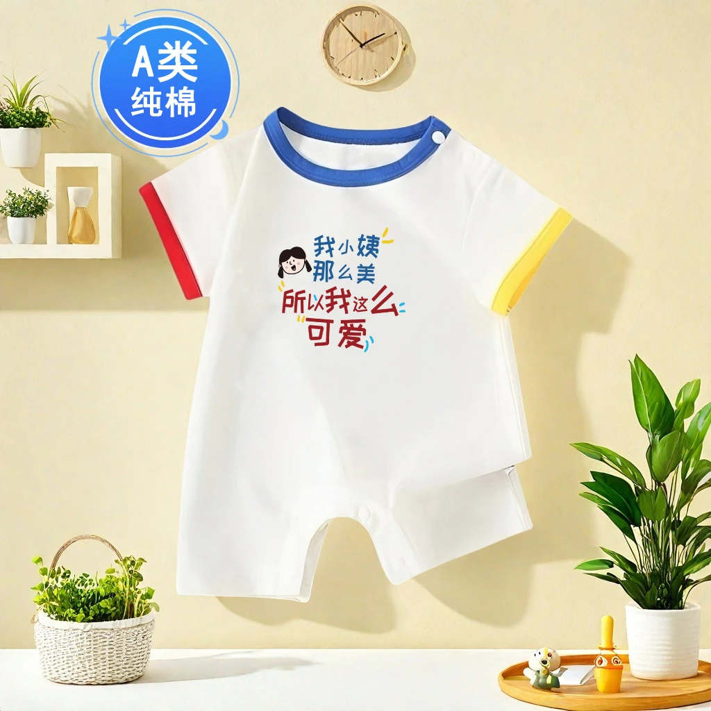 我小姨那么美婴儿连体衣夏天纯棉短袖薄款男女宝宝衣服夏季外出服