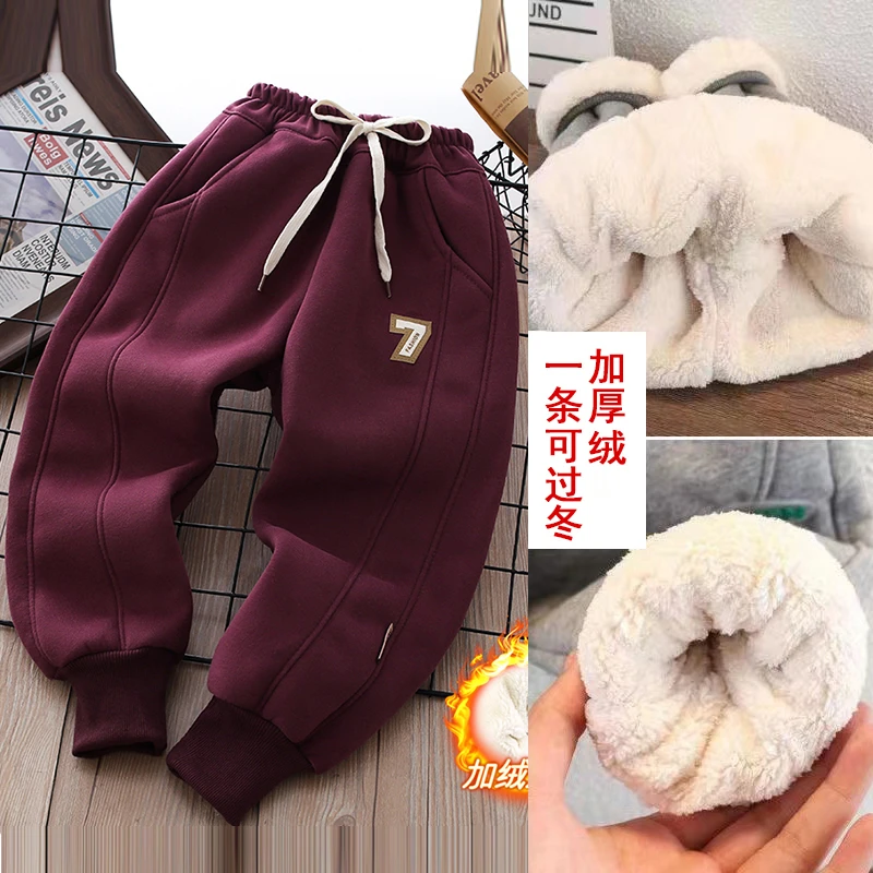 新年款安哥拉红女童加绒裤子冬季一体绒中大童洋气男童宽松卫裤