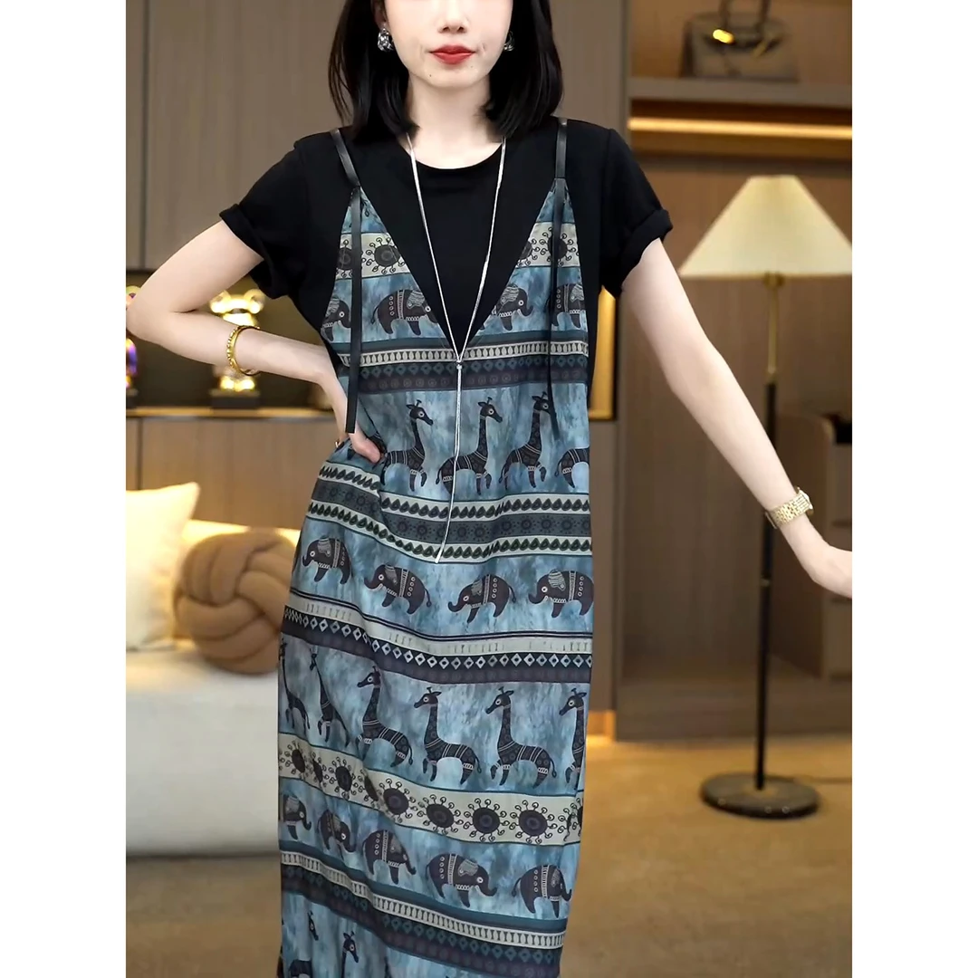 时尚宽松大码显瘦连衣裙女2025夏新款复古百搭中长款短袖A字裙子