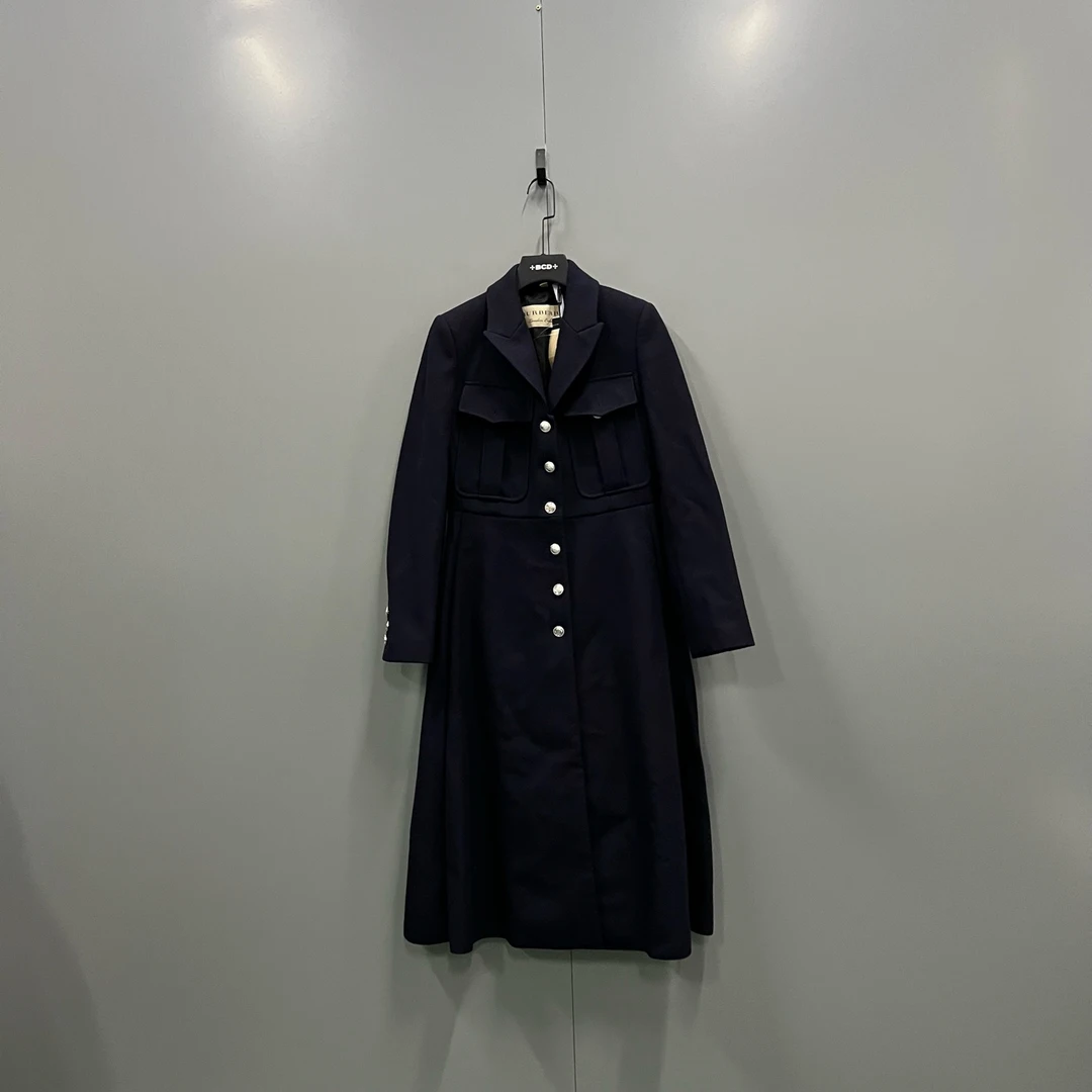 99新 BURBERRY/博柏利 zz1 藏青色单排扣长款大衣 38码/018729