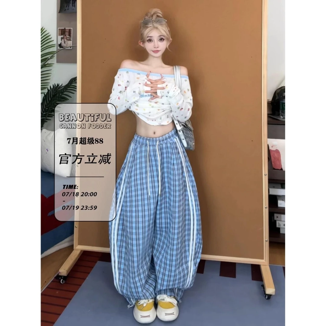 多巴胺甜美风可爱黄白格山本裤女春夏2025新款慵懒遛弯休闲阔腿裤