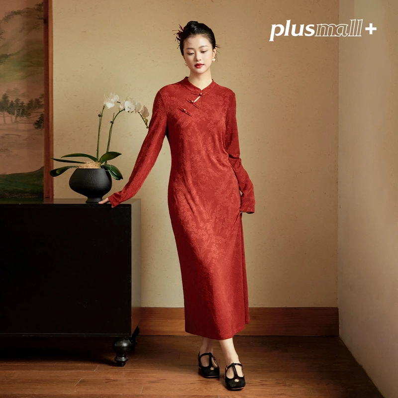 PLUSMALL 瑶花·醉红妆 提花新中式国风盘扣连衣裙