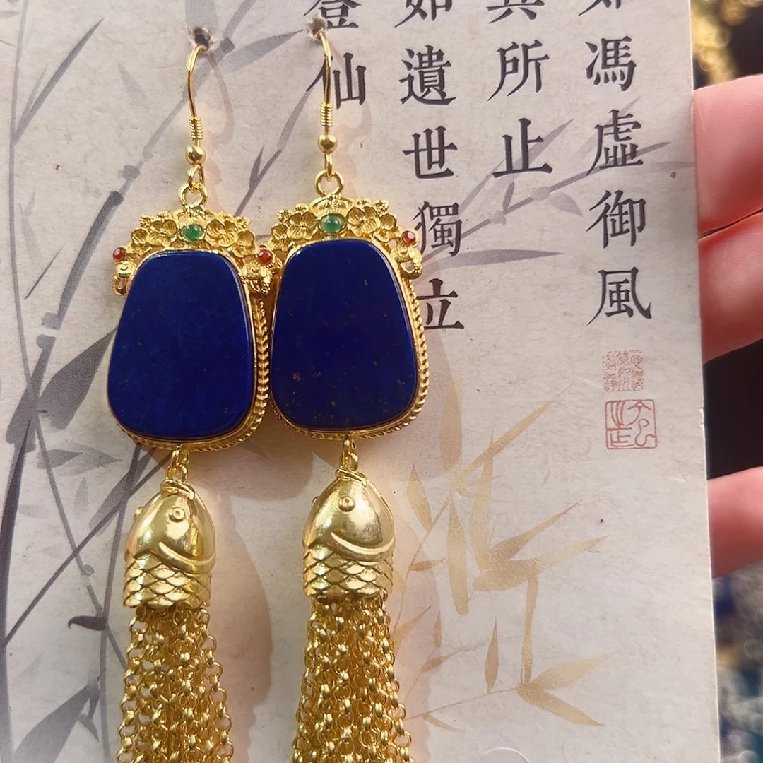 青金石银S925镶嵌耳饰，