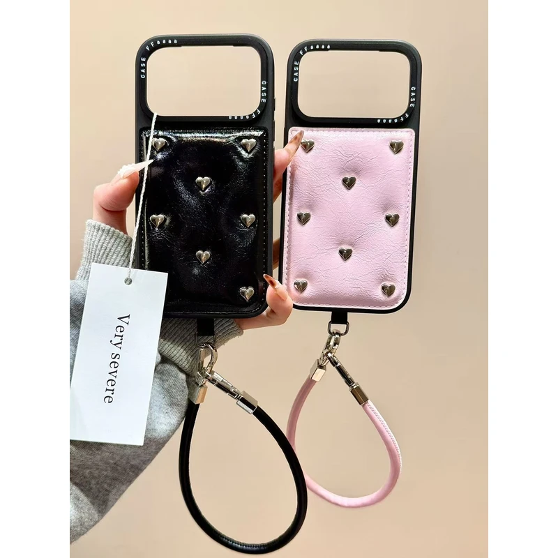 高级感ins皮质爱心铆钉手拎绳适用苹果17promax手机壳15iphone16
