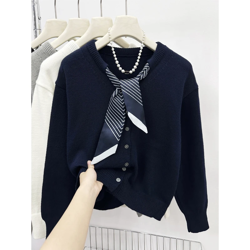 韩系慵懒风丝巾领带针织开衫女毛衣2025秋冬时尚气质设计上衣ins