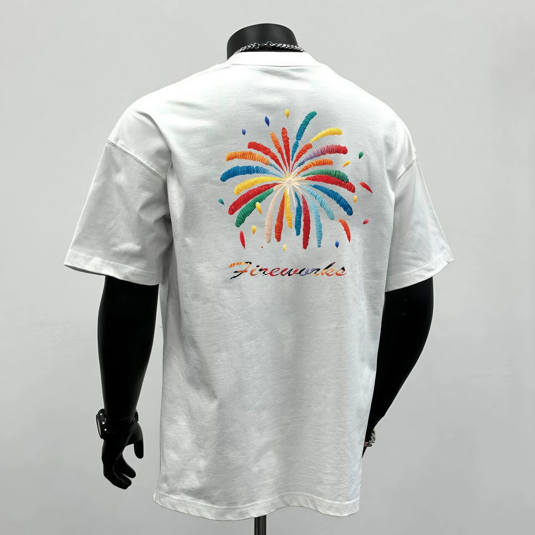 短袖男t恤潮流百搭仿刺绣工艺烟花新款夏季重磅纯棉休闲半袖上衣