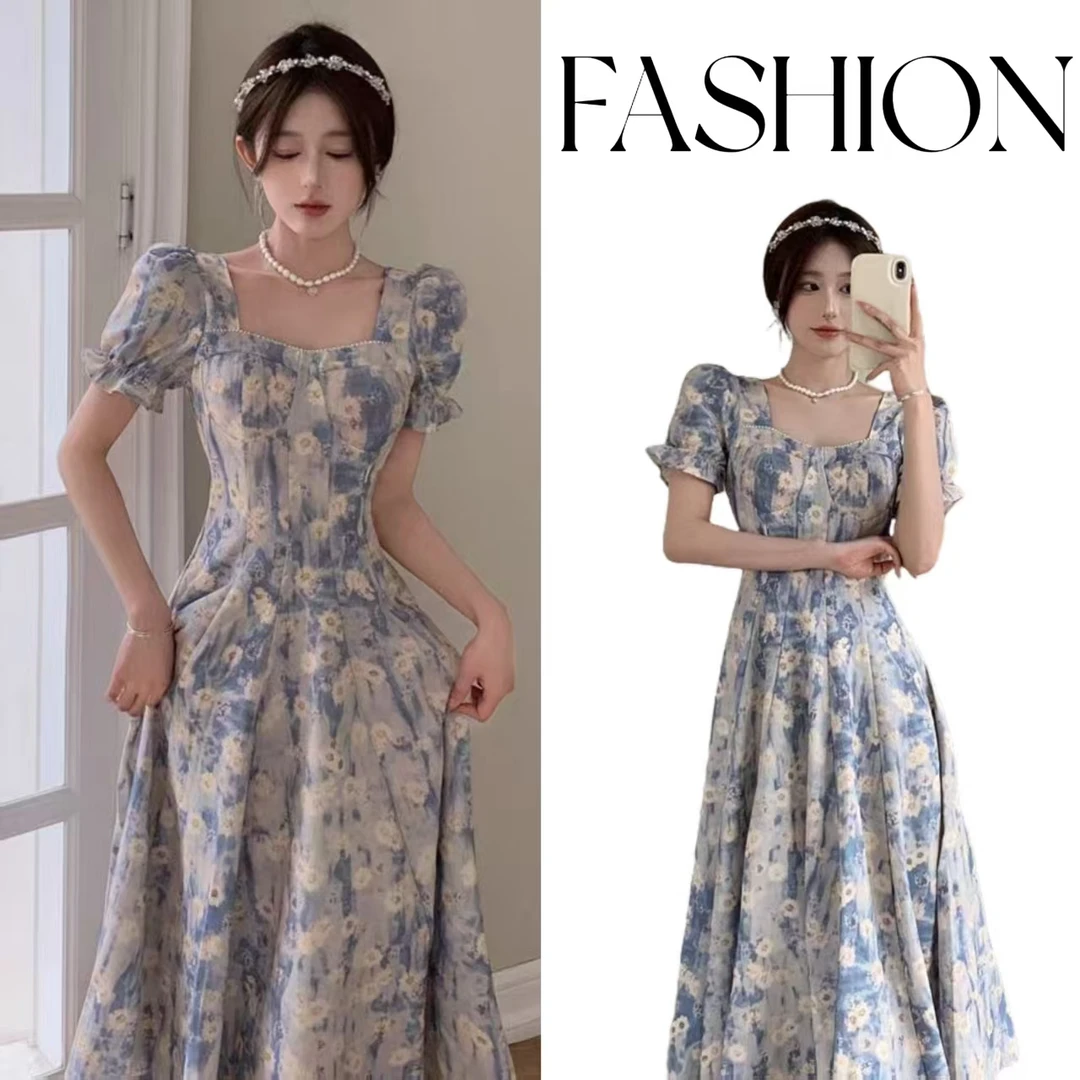 小众连衣裙女蓝色大码微胖油画碎花法式裙子胖mm遮肚显瘦长裙1748