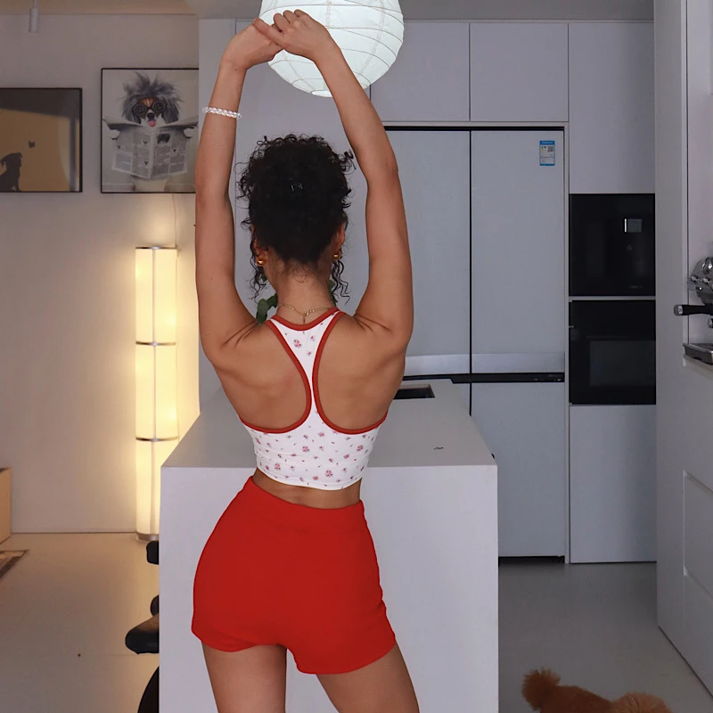 akiyo studio欧美风健身衣辣妹碎花吊带背心女修身显瘦上衣运动