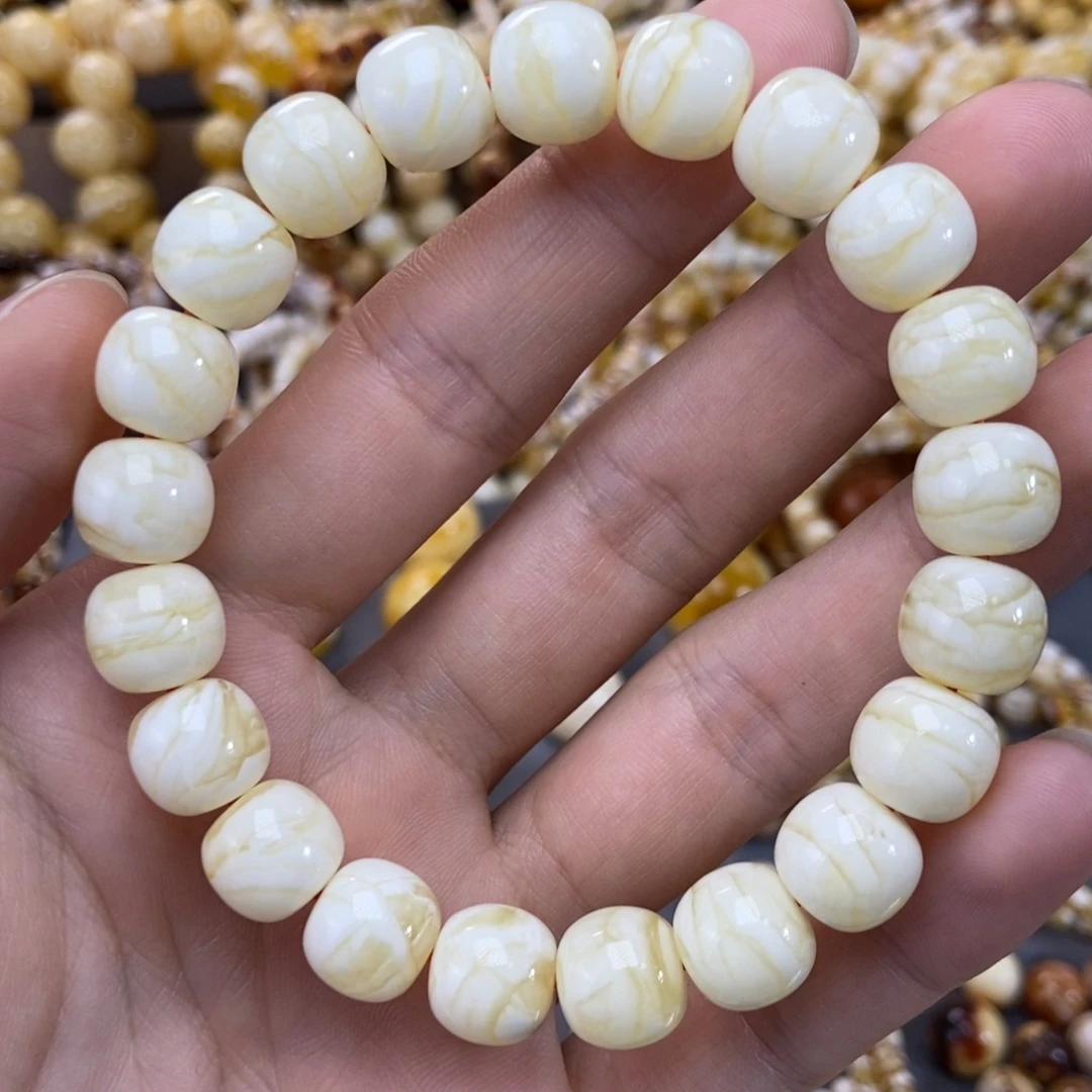 琥珀未镶嵌手链11+mm尺寸同料瓷白虎皮纹手串