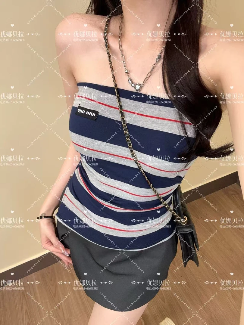 条纹辣妹抹胸吊带背心女外穿带胸垫夏短款内搭学院风时尚减龄上衣