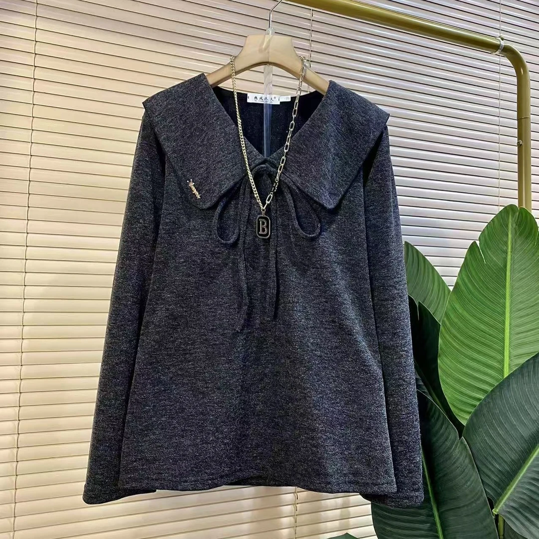 R胖mm欧货时尚新款减龄荷叶领系绳设计款显瘦女人衫