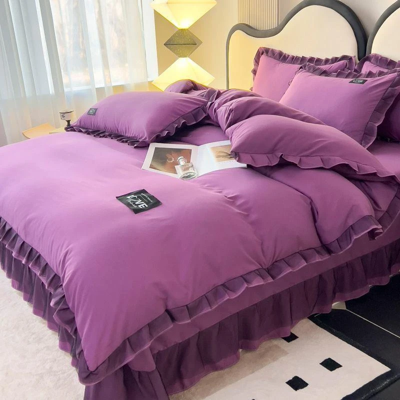 韩版云朵棉四件套纯色蕾丝花边被套床单轻双人被罩床裙款四件套