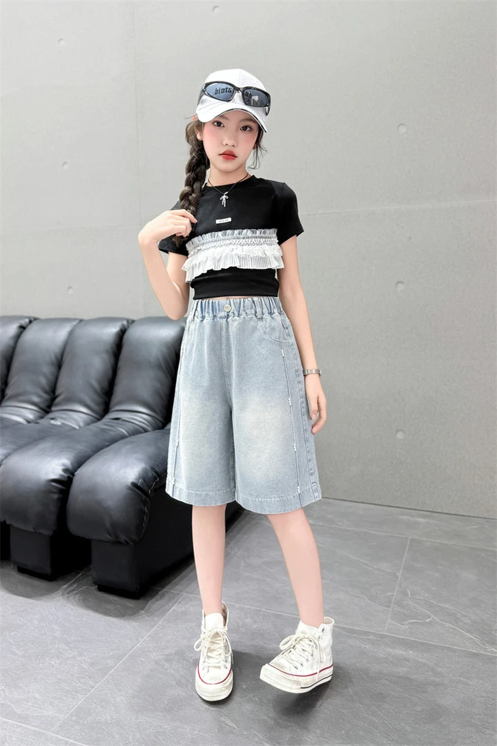 呼噜鱼原创女童五分裤中裤牛仔裤钉珠设计夏季薄款宽松