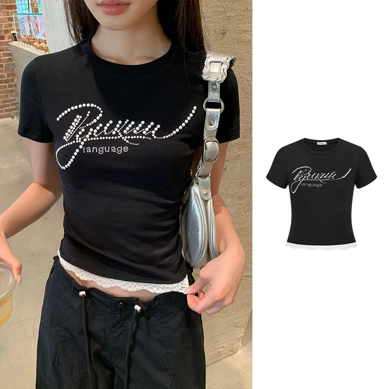 MosesQueen/魔西女王珍珠烫蕾丝花边正肩短袖T恤女修身显瘦上衣