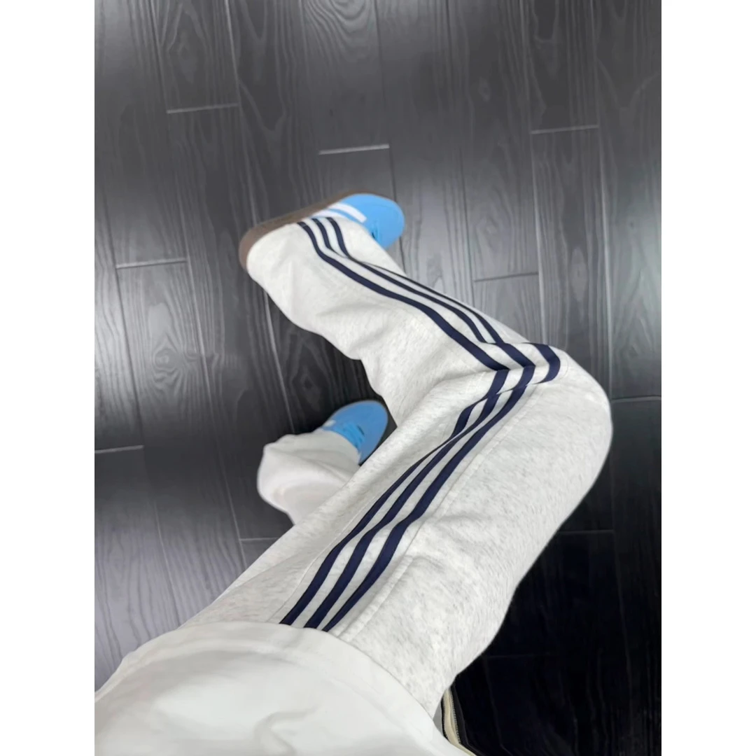 白花灰色三条杠裤子男秋季宽松直筒运动卫裤高腰重磅条纹休闲长裤