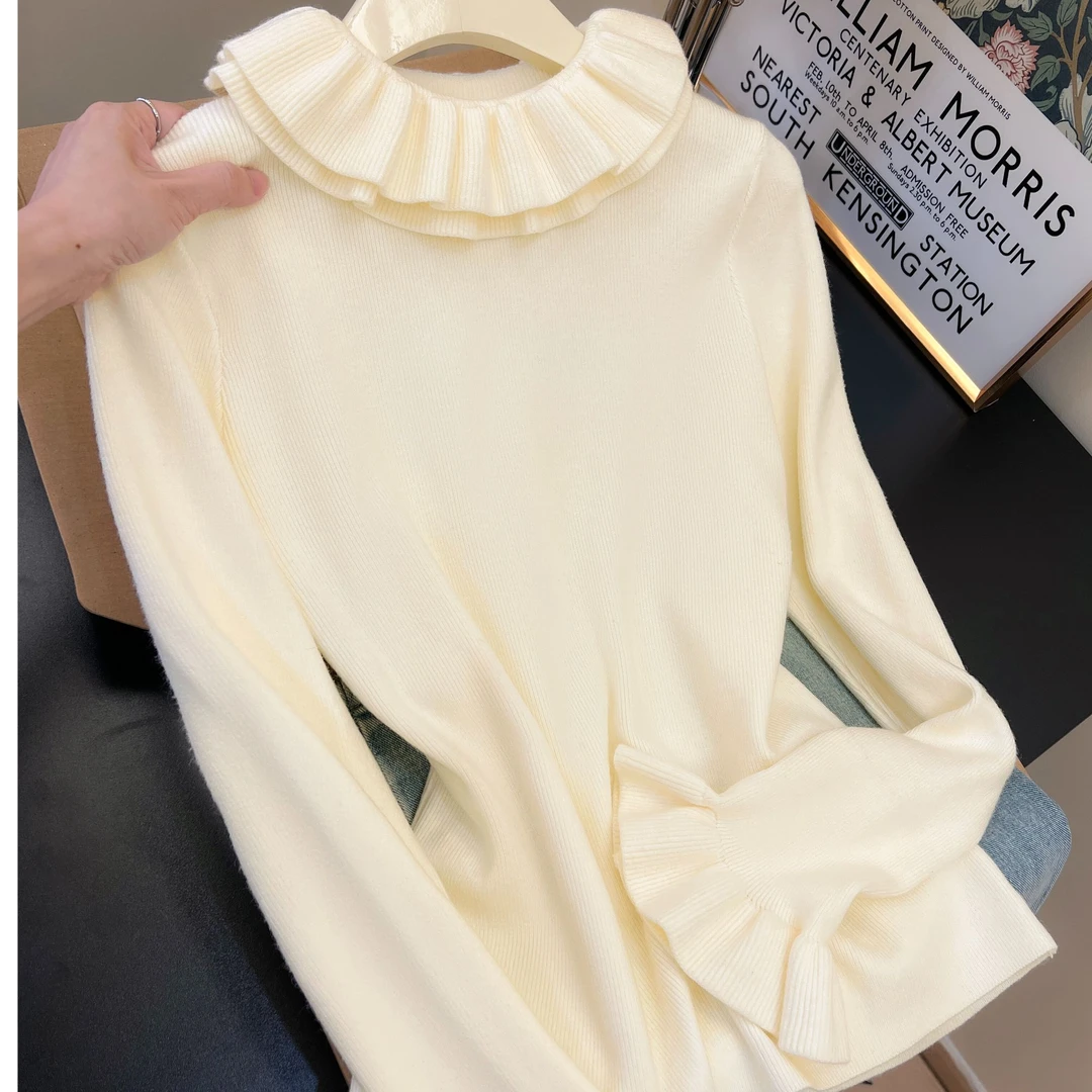 实拍新款花边领减龄针织打底衫女半高领洋气修身秋冬季喇叭袖内搭