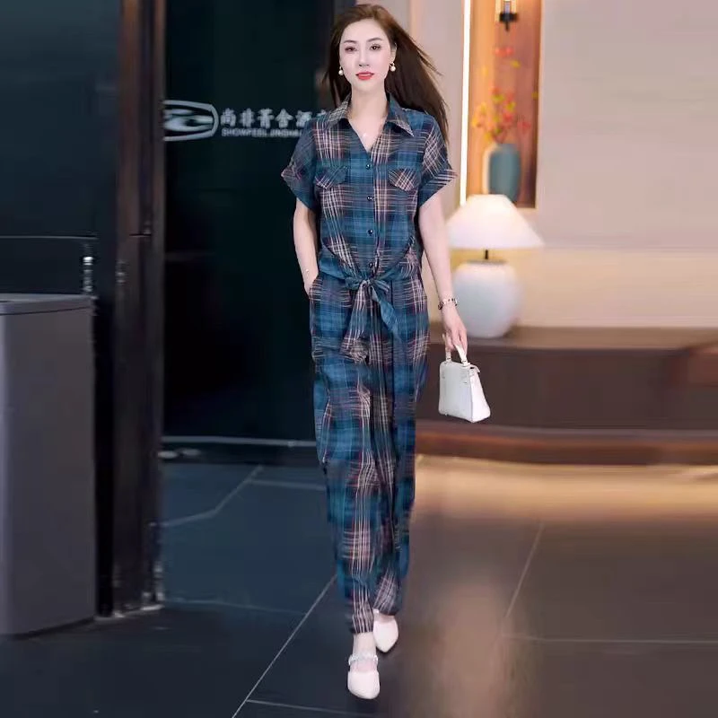8310亿家夏季洋气显瘦格子短袖衬衫阔腿裤时尚套装