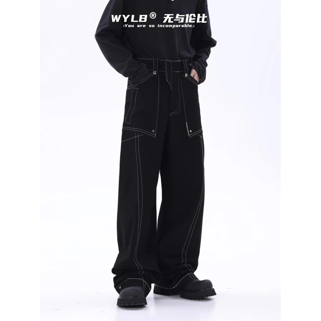 大码个性设计感明线牛仔裤2025新款宽松直筒显瘦阔腿工装拖地裤子