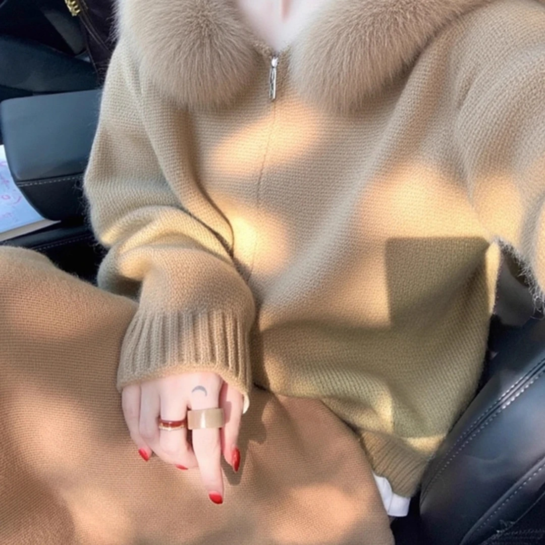 La Chapelle/拉夏贝尔秋冬款毛衣外套卡其色长袖秋冬新款温柔风洋