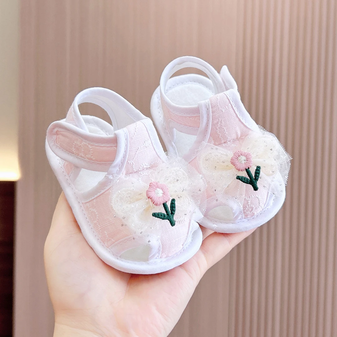 夏季女宝宝凉鞋新生婴儿学步鞋步前软底鞋子公主蕾丝薄棉布不掉鞋