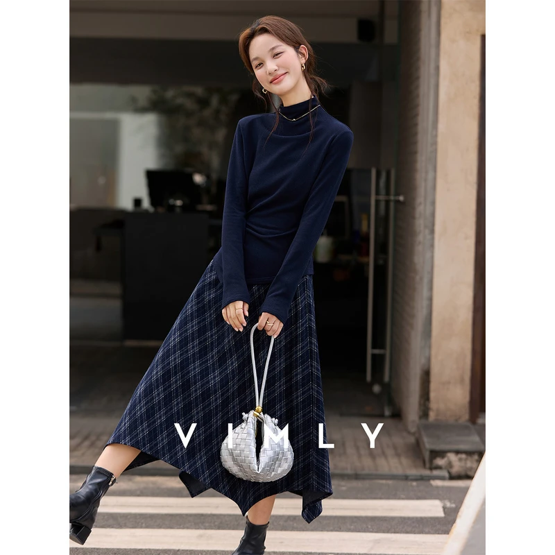 梵希蔓藏青色通勤套装裙女冬季立领上衣格纹半身裙两件套A3337