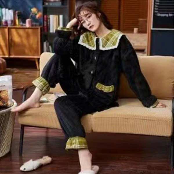 C0074黑色法兰绒月子服套装产后M90-130L140XL150