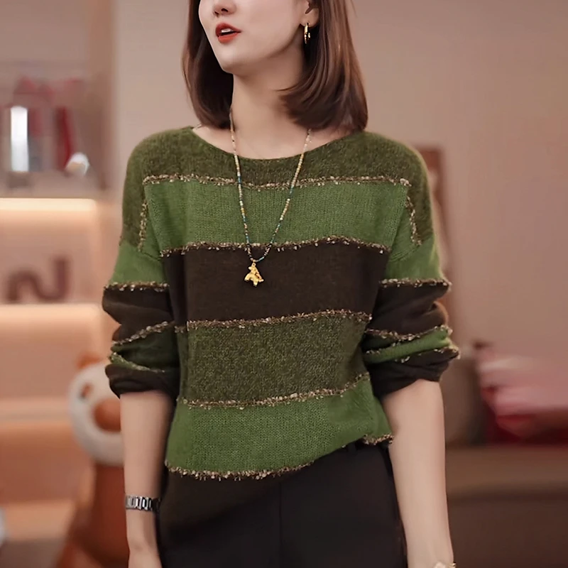 重工烫钻条纹毛衣女士2025秋季慵懒风软糯宽松显瘦打底针织衫上衣