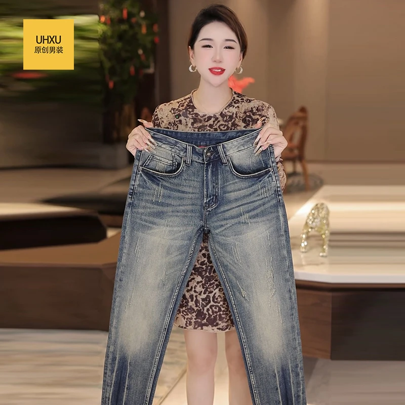 UHXU冬季新款高端轻奢牛仔裤男美式修身潮牌长裤刮烂直筒男款裤子