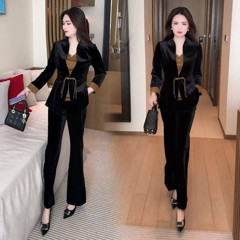 新中式休闲时尚套装女春季新款洋气质西装上衣微喇裤时髦职业套装