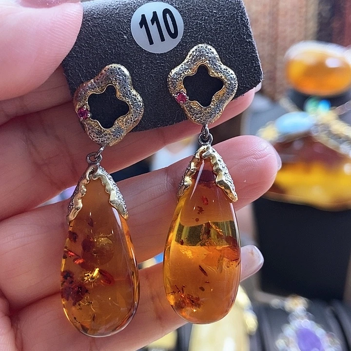 琥珀银S925镶嵌耳饰耳环