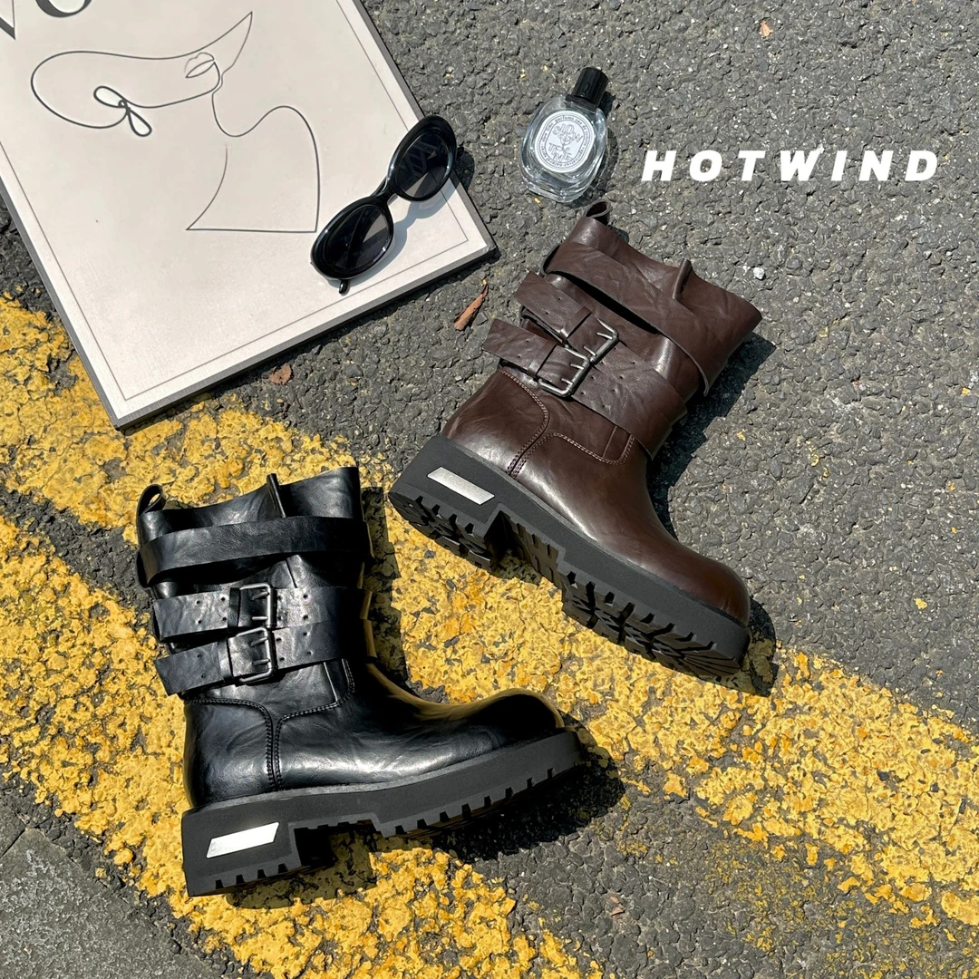 Hotwind热风2025秋季新款爆款复古机车靴厚底增高大头马丁靴女靴