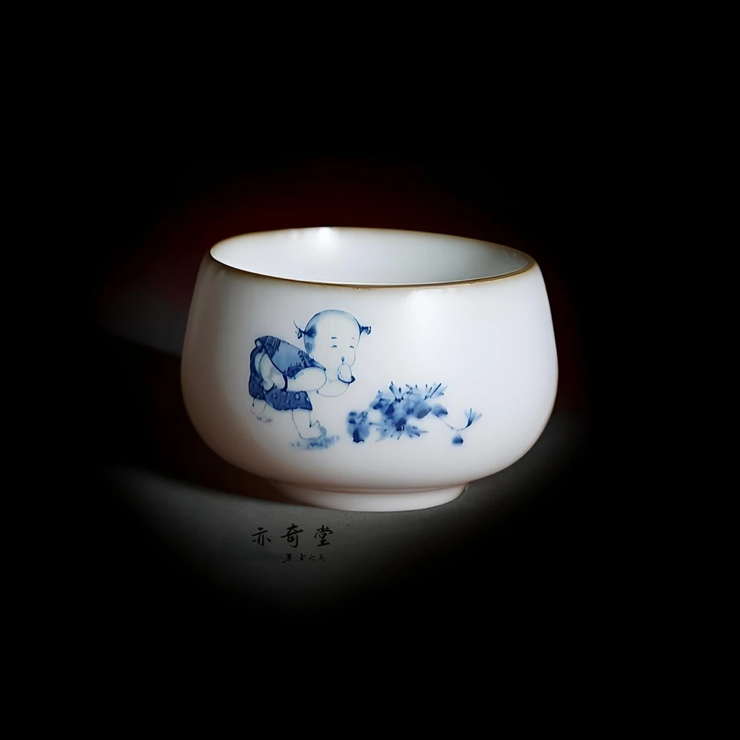 高档复古手工汝瓷青花婴戏陶瓷品茗主人杯家用汝窑禅定杯手绘中式