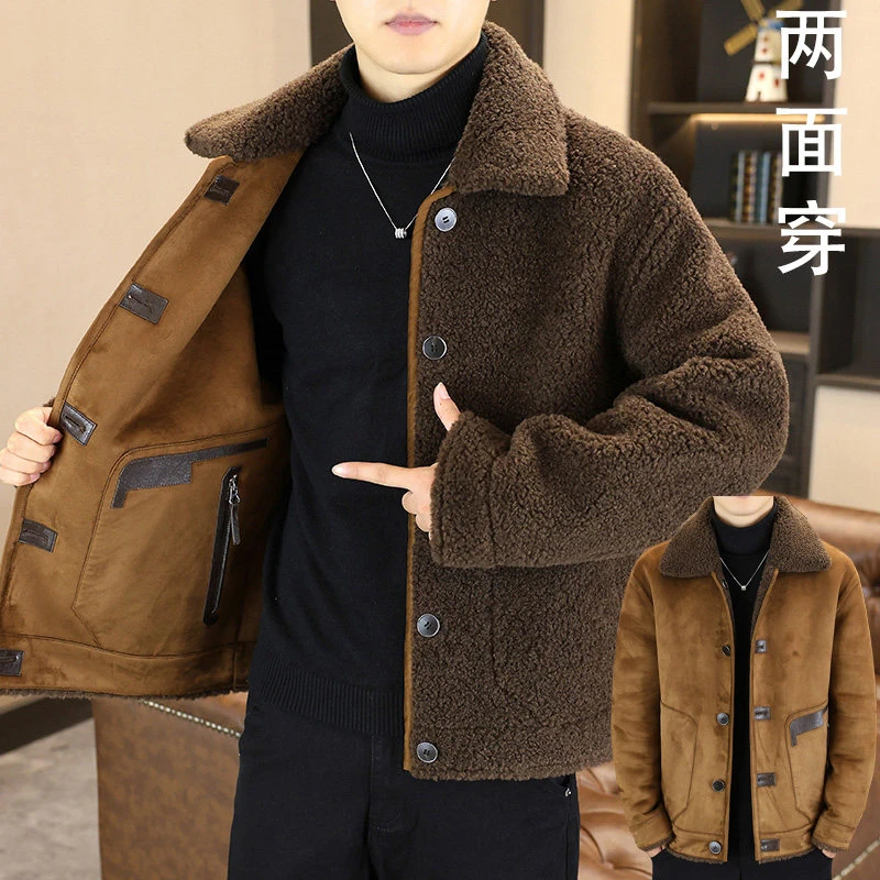 DEFOMONT狄佛蒙特冬季新款双面穿羊羔绒潮流休闲加厚保暖棉衣外套