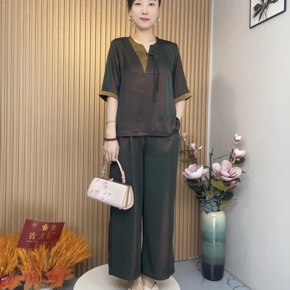 中国风休闲风妈妈风时尚套装休闲裤子套装复古宽松凉爽透气套装