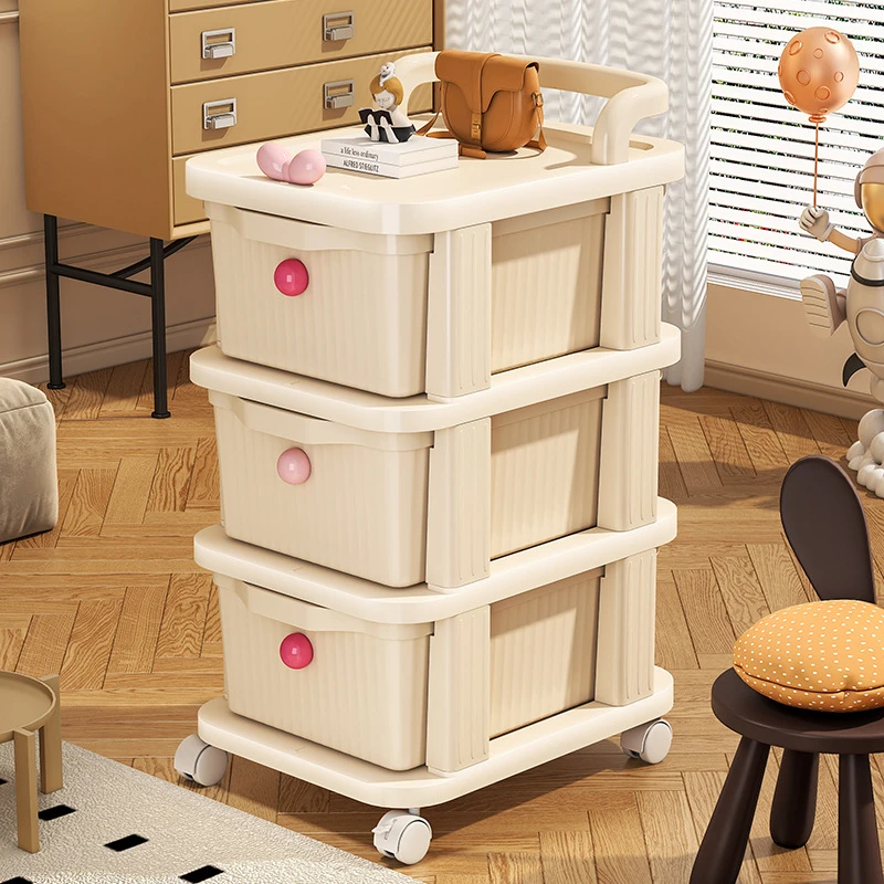 小推车零食置物架奶油风落地可移动宝宝玩具储物架婴儿用品收纳柜