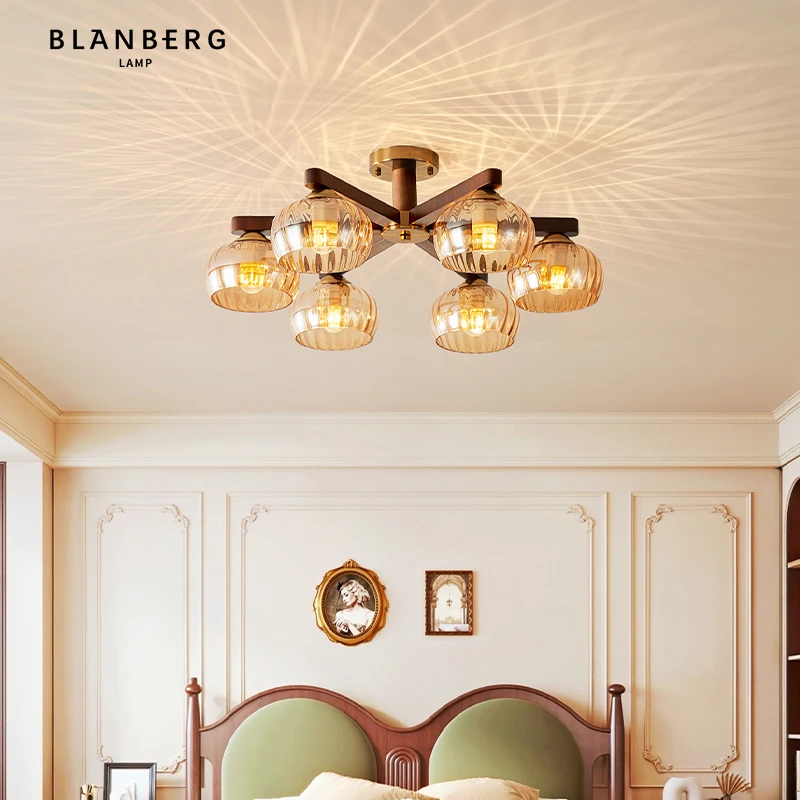 复古玻璃吊灯法式中古风轻奢高级感创意房间灯胡桃木色实木卧室灯