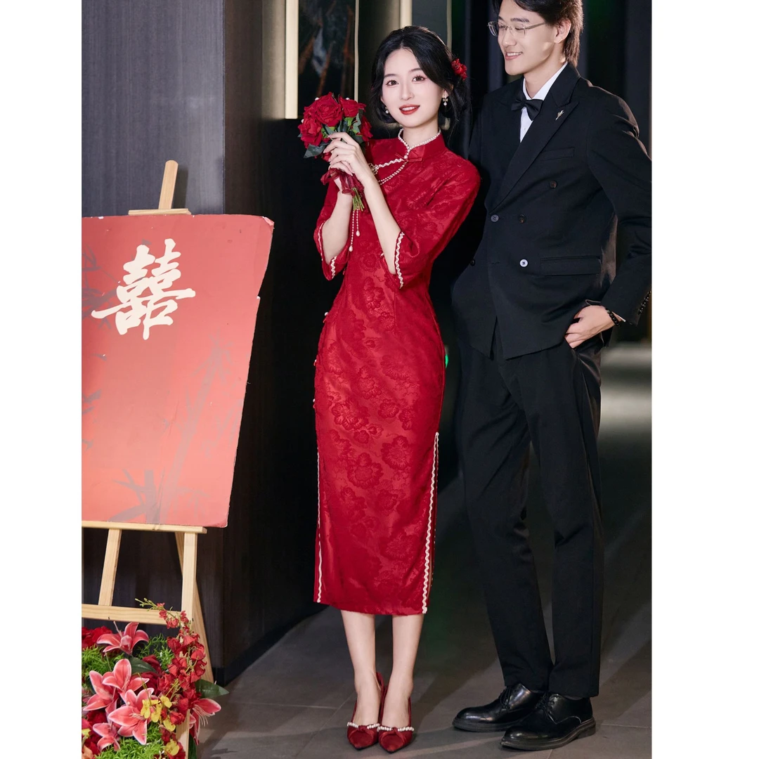 青未了【庆喜】迎秋季上新款蕾丝提花国风改良中长袖旗袍 衣长120