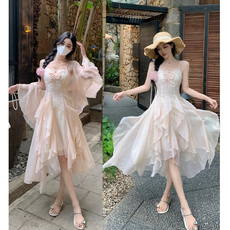 大码2025春夏新款不规则荷叶边纱烫金珠光感仙女吊带裙防晒开衫