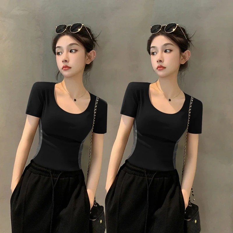 【现货速发】螺纹U领撞色短袖2025新款夏季修身百搭显瘦内搭上衣ins