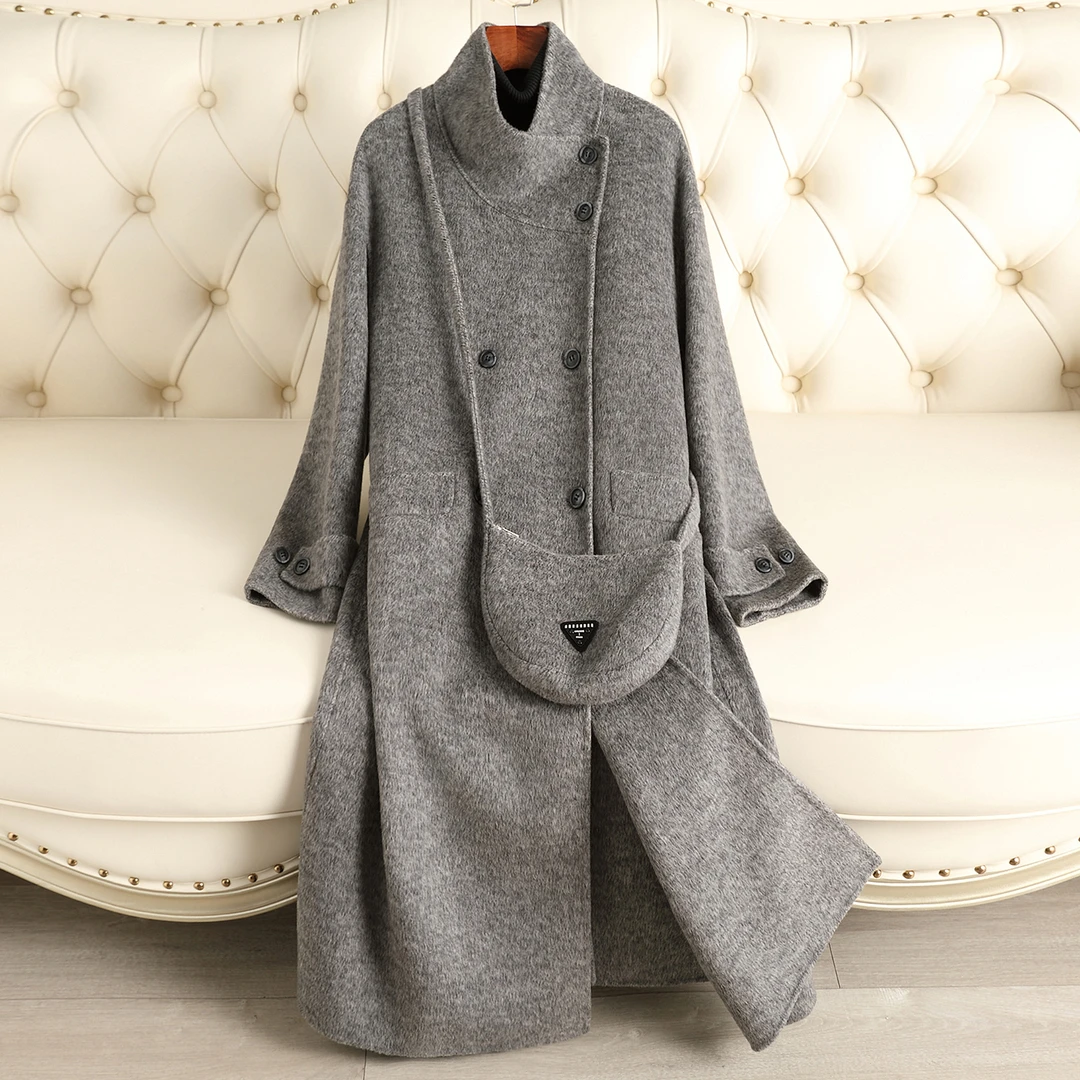 双面羊绒大衣女中长款2025新款宽松斜挎包包羊绒毛呢外套BC95719